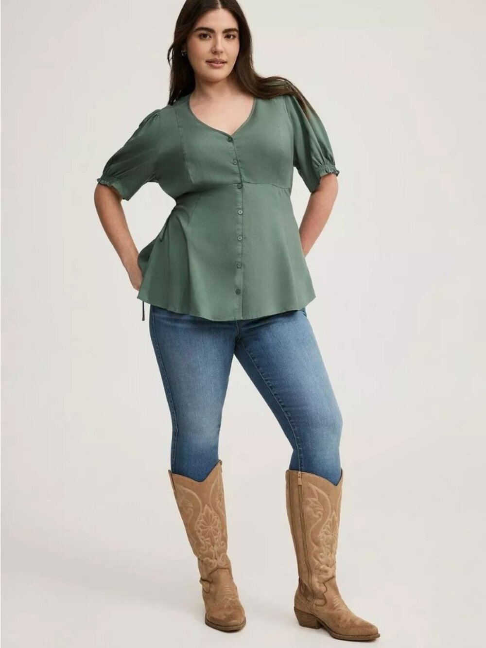 Torrid "Dark Forest" Challis Side Tie Button Front V-Neck Top Plus Size 3 - Picture 6 of 13